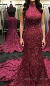 High Neck Backless Burgundy Lace long Semi Formal Prom Dresses, Long Burgundy Lace Formal Evening Dresses, Burgundy Ball Gown